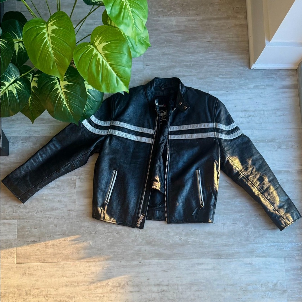Black Leather Jacket with Stripes